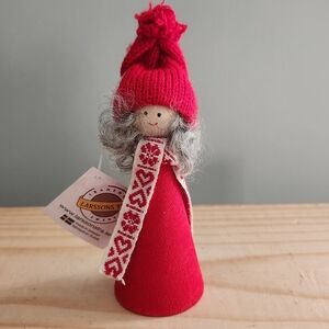 Larssons Tra Swedish Red Christmas Figurine Girl with Knit Hat and Long Hair NWT